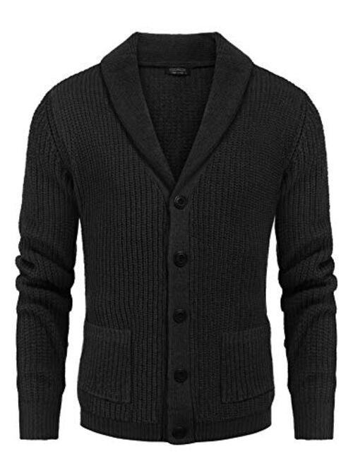 COOFANDY Men's Shawl Collar Cardigan Sweater Slim Fit Cable Knit Button up Cotton Sweater with Pockets