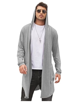 Men's Long Hooded Cardigan Shawl Collar Lightweight Open Front Drape Cape Overcoat with Pockets