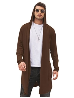 Men's Long Hooded Cardigan Shawl Collar Lightweight Open Front Drape Cape Overcoat with Pockets