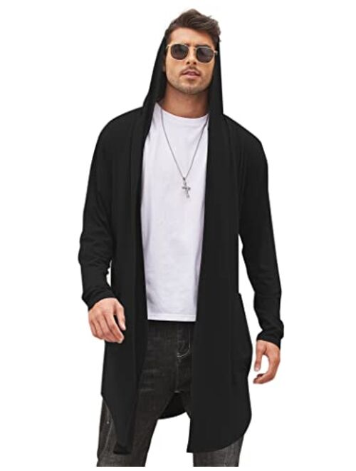 COOFANDY Men's Long Hooded Cardigan Shawl Collar Lightweight Open Front Drape Cape Overcoat with Pockets