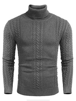 Men's Slim fit Turtleneck Sweater Casual Cable Knitted Pullover Sweaters for Fall Winter