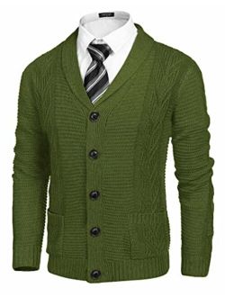Men's Shawl Collar Cardigan Sweater Slim Fit Casual Cable Knitted Sweaters with Buttons and Pockets