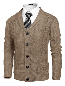 Men's Shawl Collar Cardigan Sweater Slim Fit Casual Cable Knitted Sweaters with Buttons and Pockets