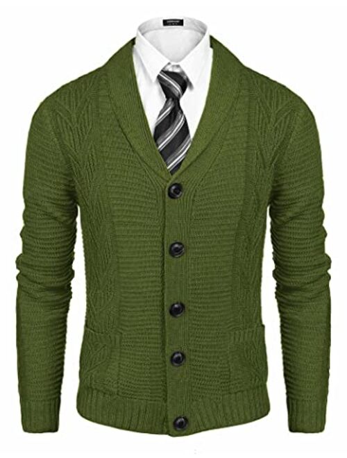 COOFANDY Men's Shawl Collar Cardigan Sweater Slim Fit Casual Cable Knitted Sweaters with Buttons and Pockets