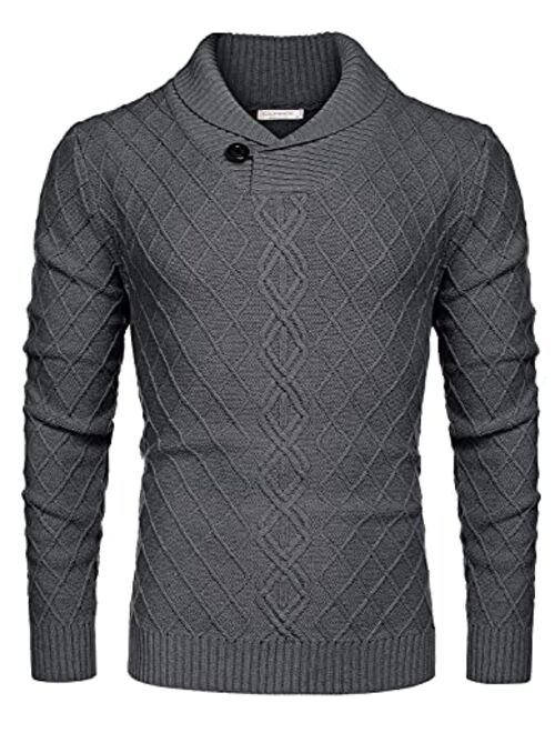 COOFANDY Men's Shawl Collar Sweater Cable Knitted Pullover Sweaters Fall Winter Casual Patterned Sweater