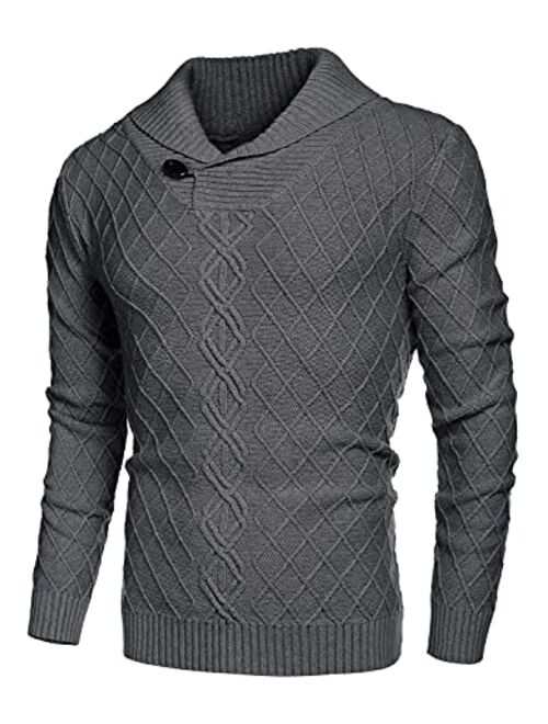 COOFANDY Men's Shawl Collar Sweater Cable Knitted Pullover Sweaters Fall Winter Casual Patterned Sweater