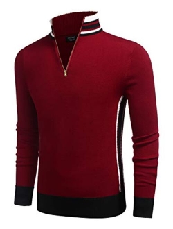 Men's Quarter Zip Pullover Sweater Casual Slim Fit Striped Polo Sweaters