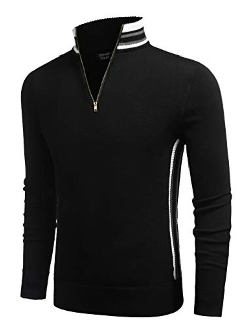 COOFANDY Men's Quarter Zip Pullover Sweater Casual Slim Fit Striped Polo Sweaters
