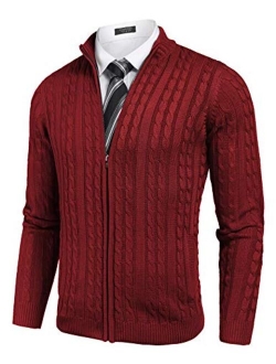 Men's Full Zip Cardigan Sweater Slim Fit Cable Knitted Zip Up Sweater with Pockets