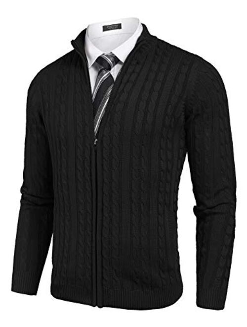 COOFANDY Men's Full Zip Cardigan Sweater Slim Fit Cable Knitted Zip Up Sweater with Pockets