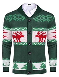 Mens Christmas Cardigan Sweater Shawl Collar Knitted Xmas Cardigans Button Up Knitwear
