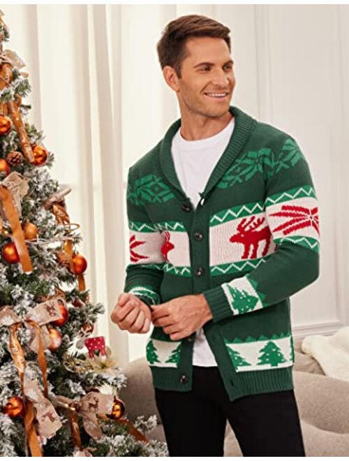 COOFANDY Mens Christmas Cardigan Sweater Shawl Collar Knitted Xmas Cardigans Button Up Knitwear