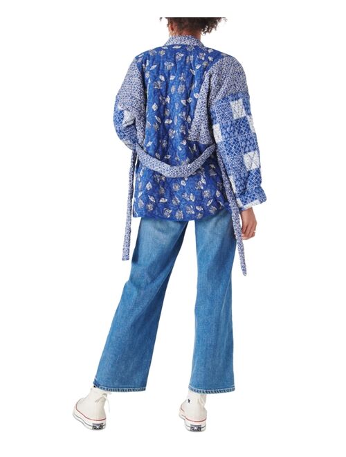 Lucky Brand Printed Quilted Patchwork Self-Tie Kimono Sweater