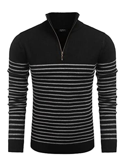 COOFANDY Mens Striped Zip Up Mock Neck Polo Sweater Casual Slim Fit Ribbed Pullover Sweaters