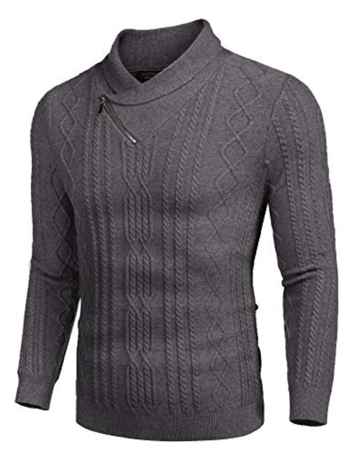 COOFANDY Men's Shawl Collar Sweater Slim Fit Casual Cotton Zip Pullover Cable Knitted Sweaters