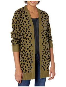 Women's Long Sleeve Open Front Leopard Mid Length Cardigan