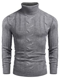 Men's Ribbed Turtleneck Slim Fit Casual Cable Knitted Pullover Sweaters