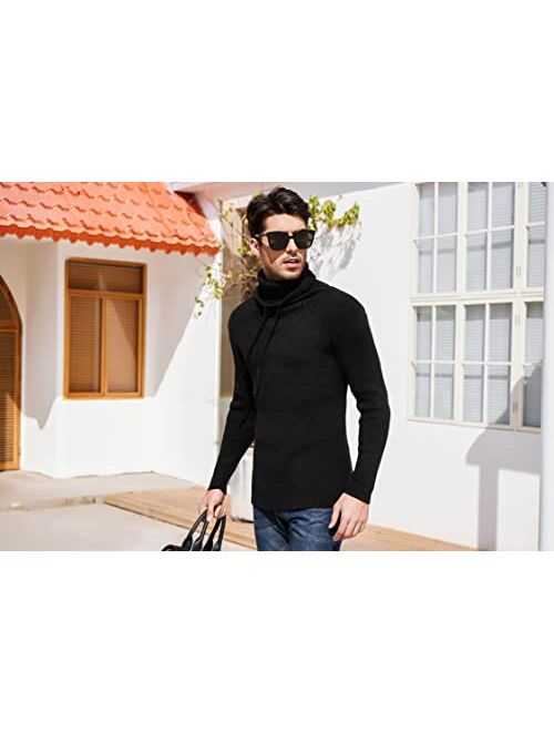 COOFANDY Men's Knitted Turtleneck Pullover Sweater Fall Cowl Neck Drawstring Sweaters