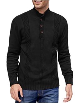 Men's Quarter Button Sweater Slim Fit Cable Knit Mock Neck Pullover Sweaters