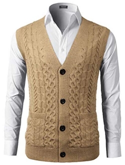 Mens Slim Fit V-Neck Cable Knit Sweater Vest with Front Button