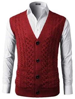 Mens Slim Fit V-Neck Cable Knit Sweater Vest with Front Button