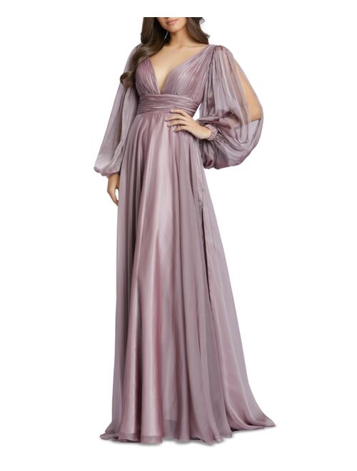 MAC DUGGAL Mesh Balloon-Sleeve Gown