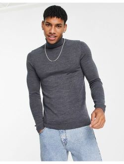 Muscle Fit Merino Wool Roll Neck Sweater in Charcoal