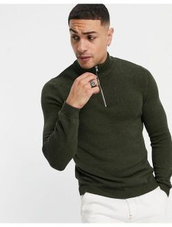 midweight half zip cotton sweater in khaki