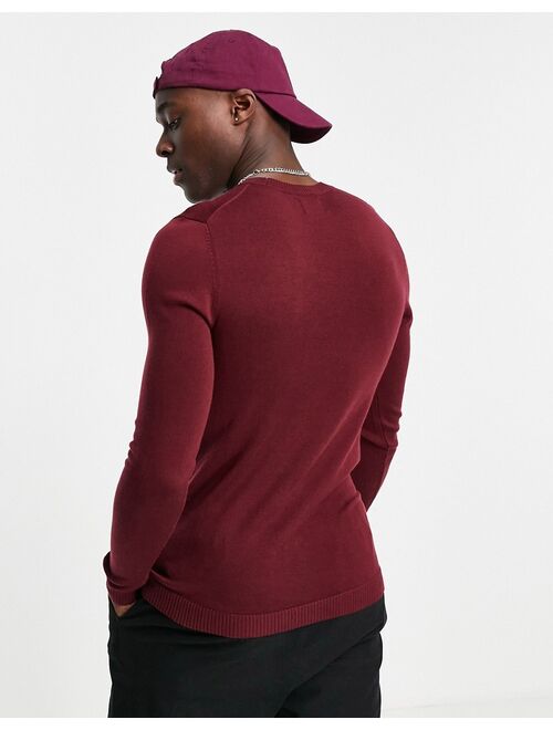 Asos Design muscle fit merino wool crew neck sweater in burgundy