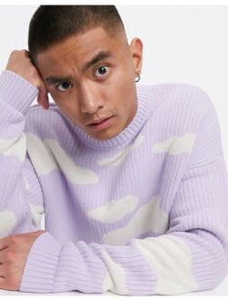 oversized knitted sweater with cloud design in lilac