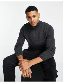 midweight half zip cotton sweater in charcoal