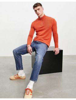 midweight half zip cotton sweater in burnt orange