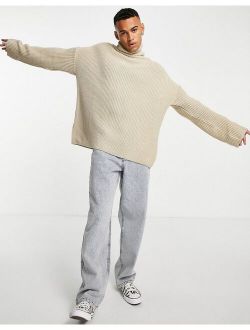 knitted oversized funnel neck sweater in beige