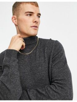 lambswool roll neck sweater in charcoal