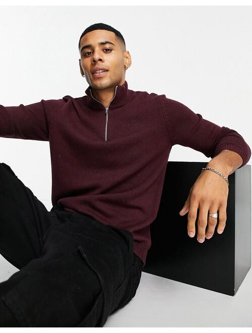 Asos Design midweight half zip cotton sweater in burgundy