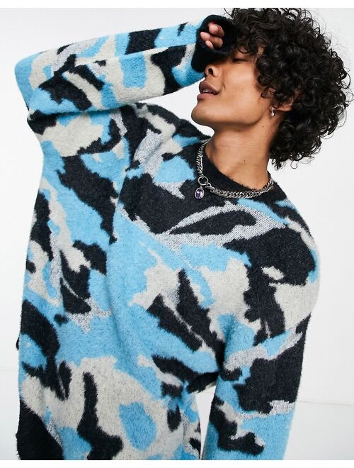 Asos Design knitted plush yarn camo sweater in blue