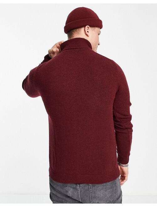 Asos Design lambswool roll neck sweater in burgundy
