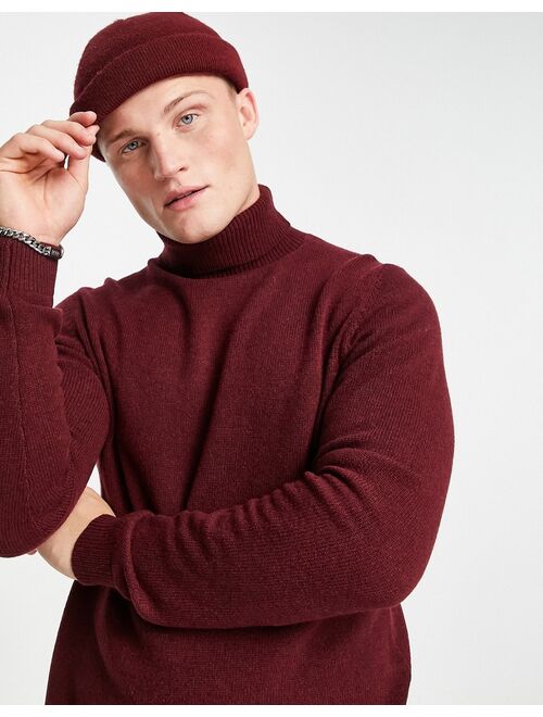 Asos Design lambswool roll neck sweater in burgundy