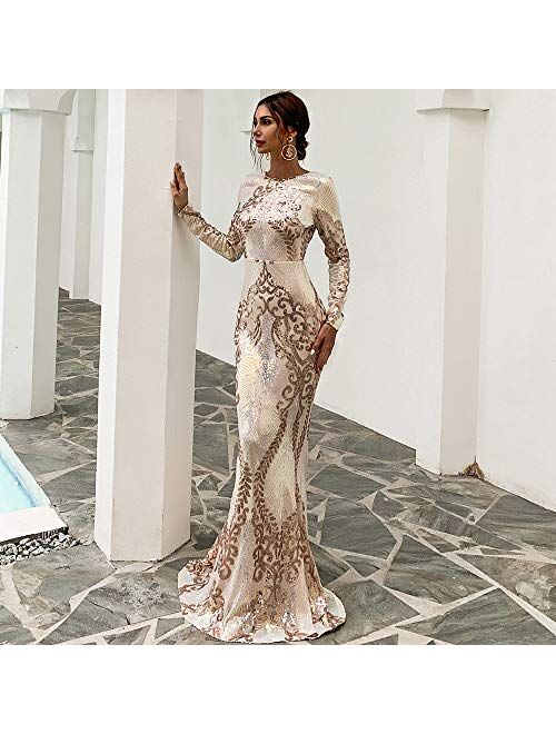 Buy Miss ord Women Long Sleeve Backless Sequin Gown Female Maxi Elegant ...