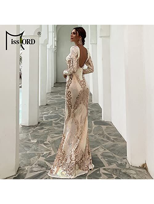 Miss ord Women Long Sleeve Backless Sequin Gown Female Maxi Elegant Dress