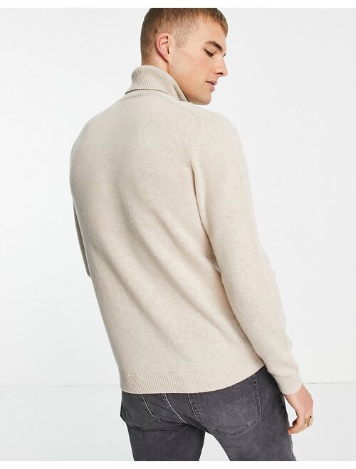 Asos Design lambswool roll neck sweater in oatmeal