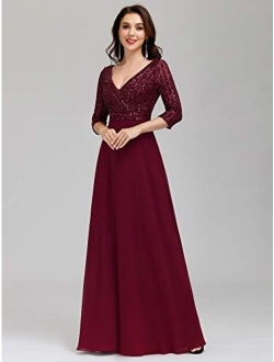 Women's Elegant V-Neck Long Sleeve Sequin Evening Party Dress 0751