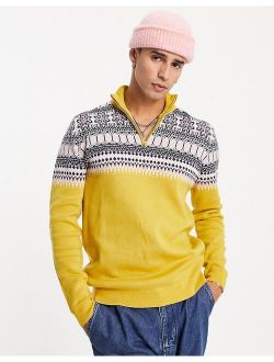 knitted christmas half zip sweater with yoke fairisle in yellow