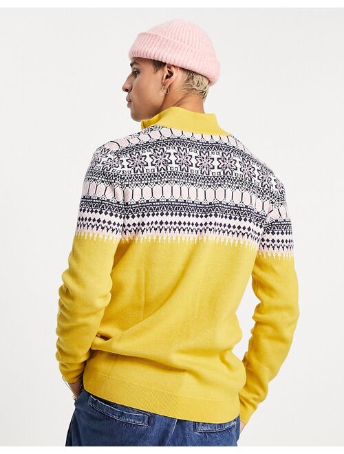 Asos Design knitted christmas half zip sweater with yoke fairisle in yellow