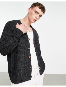 oversized patchwork cable knit cardigan in gray