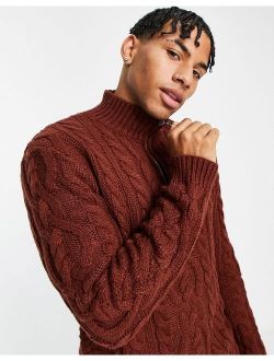 heavyweight cable knit half zip sweater in auburn