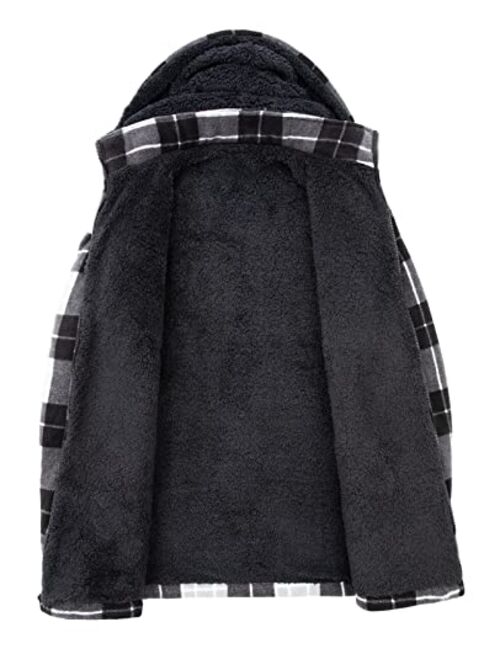 ZENTHACE Men's Sherpa Lined Fleece Flannel Plaid Shirt Jacket with Removable Hood