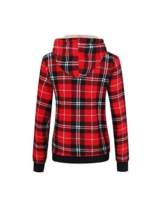 ZENTHACE Women's Sherpa Lined Zip Up Hooded Plaid Shirt Jac Sweater Jacket