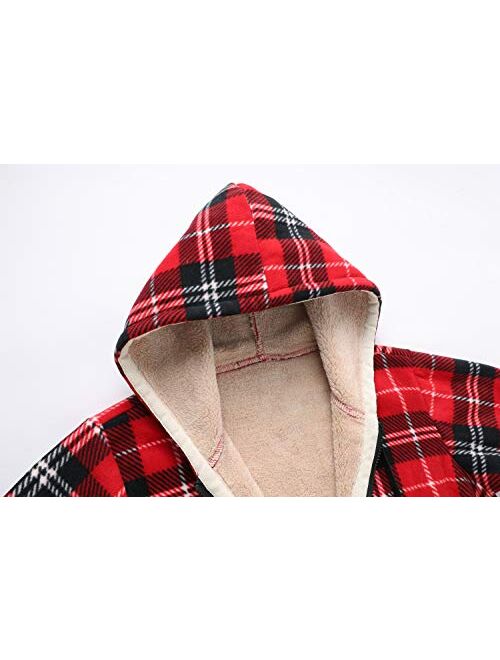 ZENTHACE Women's Sherpa Lined Zip Up Hooded Plaid Shirt Jac Sweater Jacket