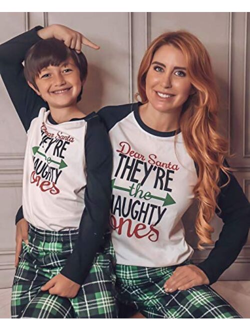 IFFEI Matching Family Pajamas Sets Christmas PJ's Letter Print Top and Plaid Pants Jammies Sleepwear